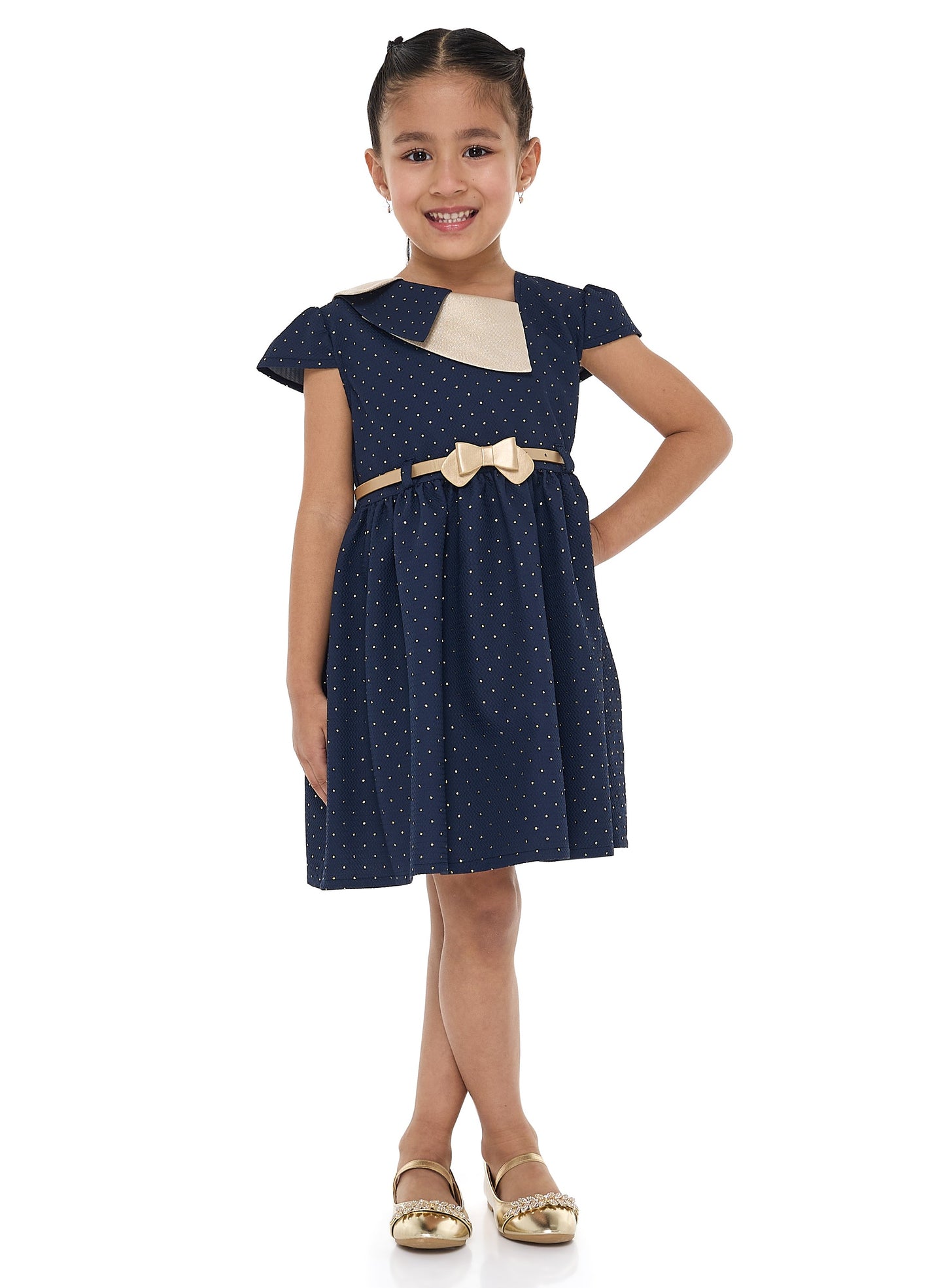 Chic Blue/Gold Lapel Jacquard Dress