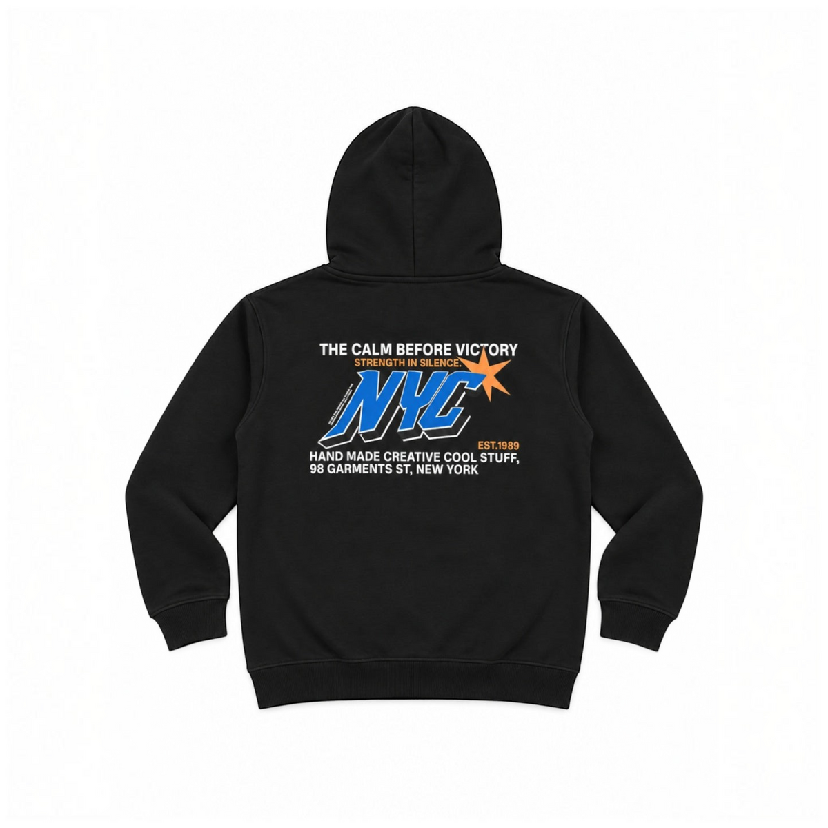 victor and jane boys black fleece hoodie featuring a blue and orange NYC graphic print on the back