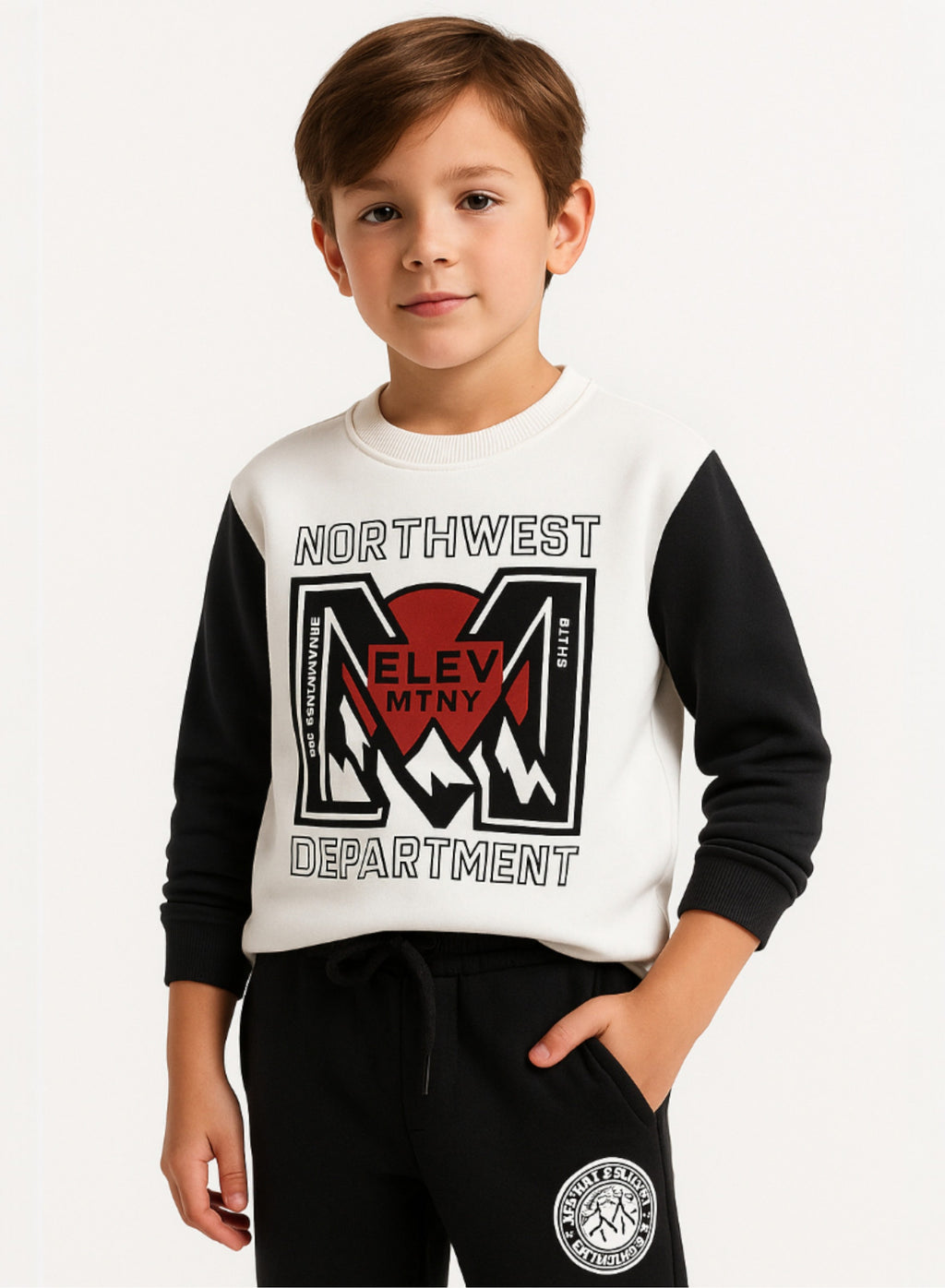 Victor And Jane Cotton Northwest Department Printed Full Sleeves Sweatshirt And Joggers Set - Black/White