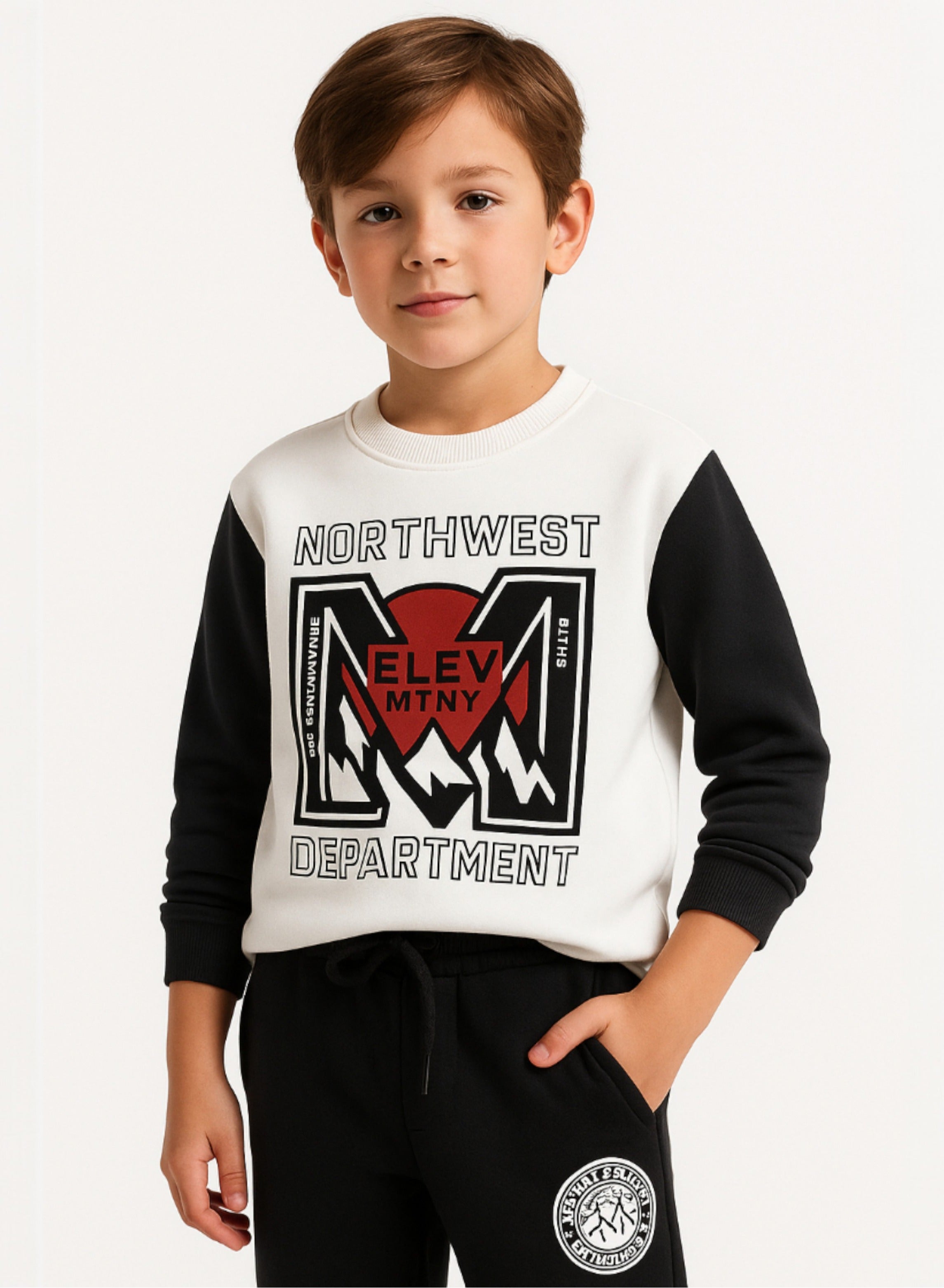 Victor And Jane Cotton Northwest Department Printed Full Sleeves Sweatshirt And Joggers Set - Black/White