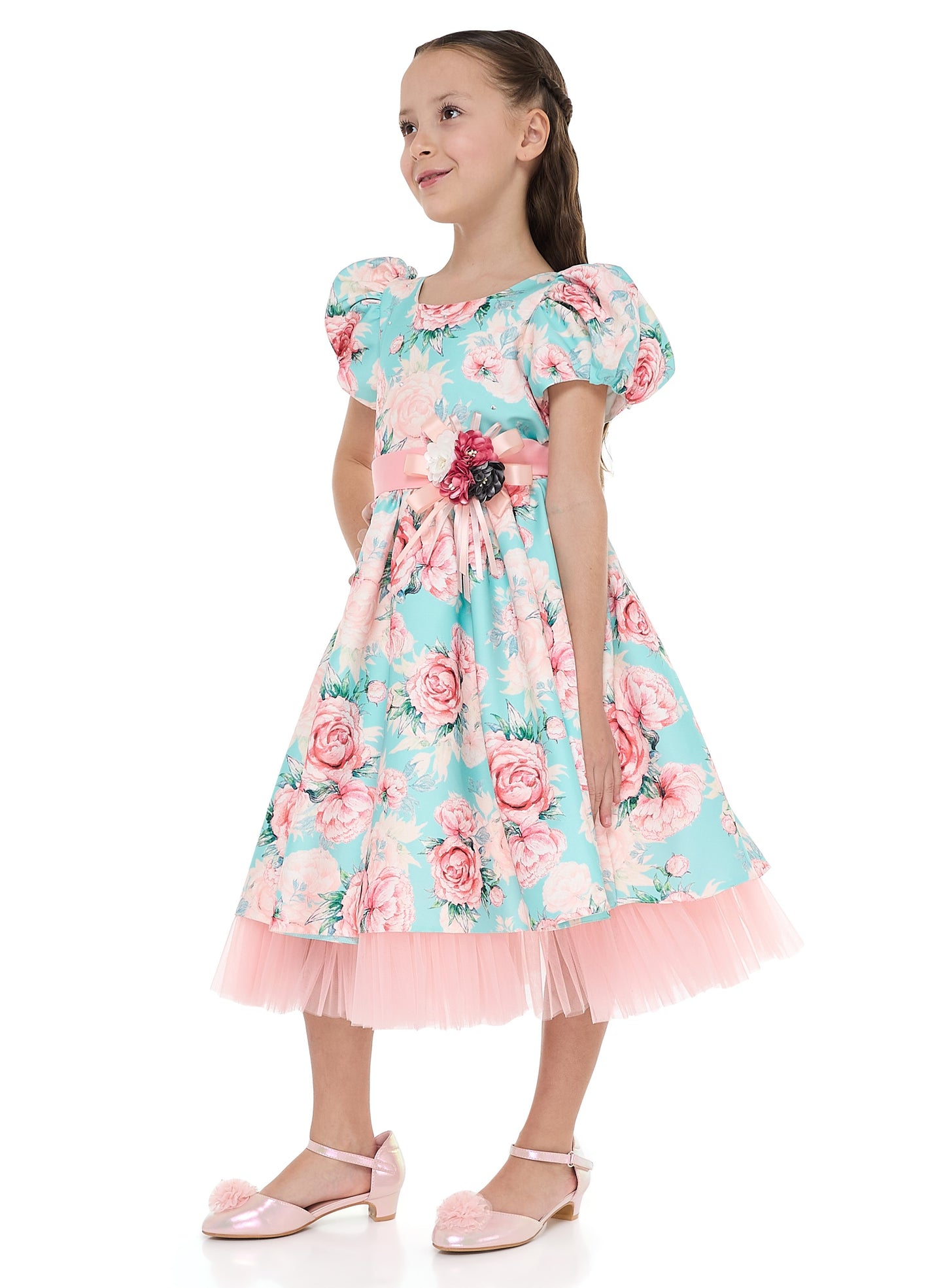 Victor And Jane Floral Satin Dress With Mesh Edge