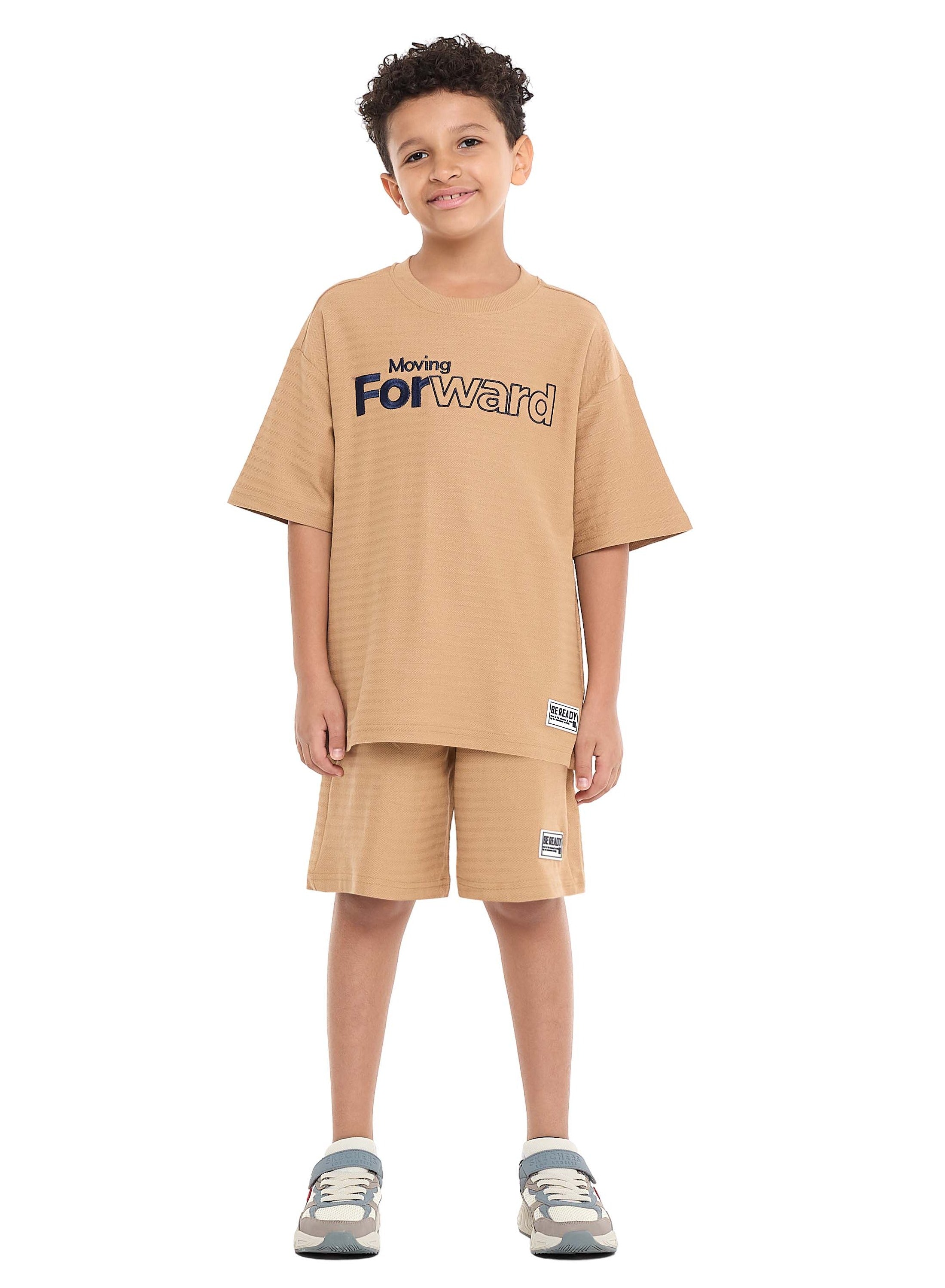 Oversized Boys Jacquard Set “ Slogan T-Shirt In Textured Material, With Matching Shorts With Pockets