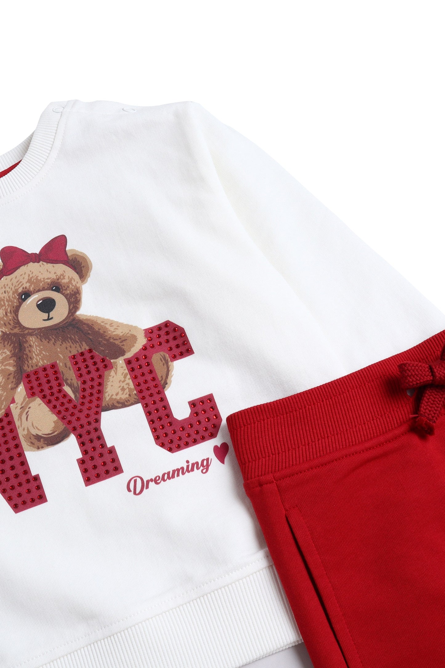 Baby Girl NYC Bear Fleece Tracksuit – Cream & Red 2-Piece Set
