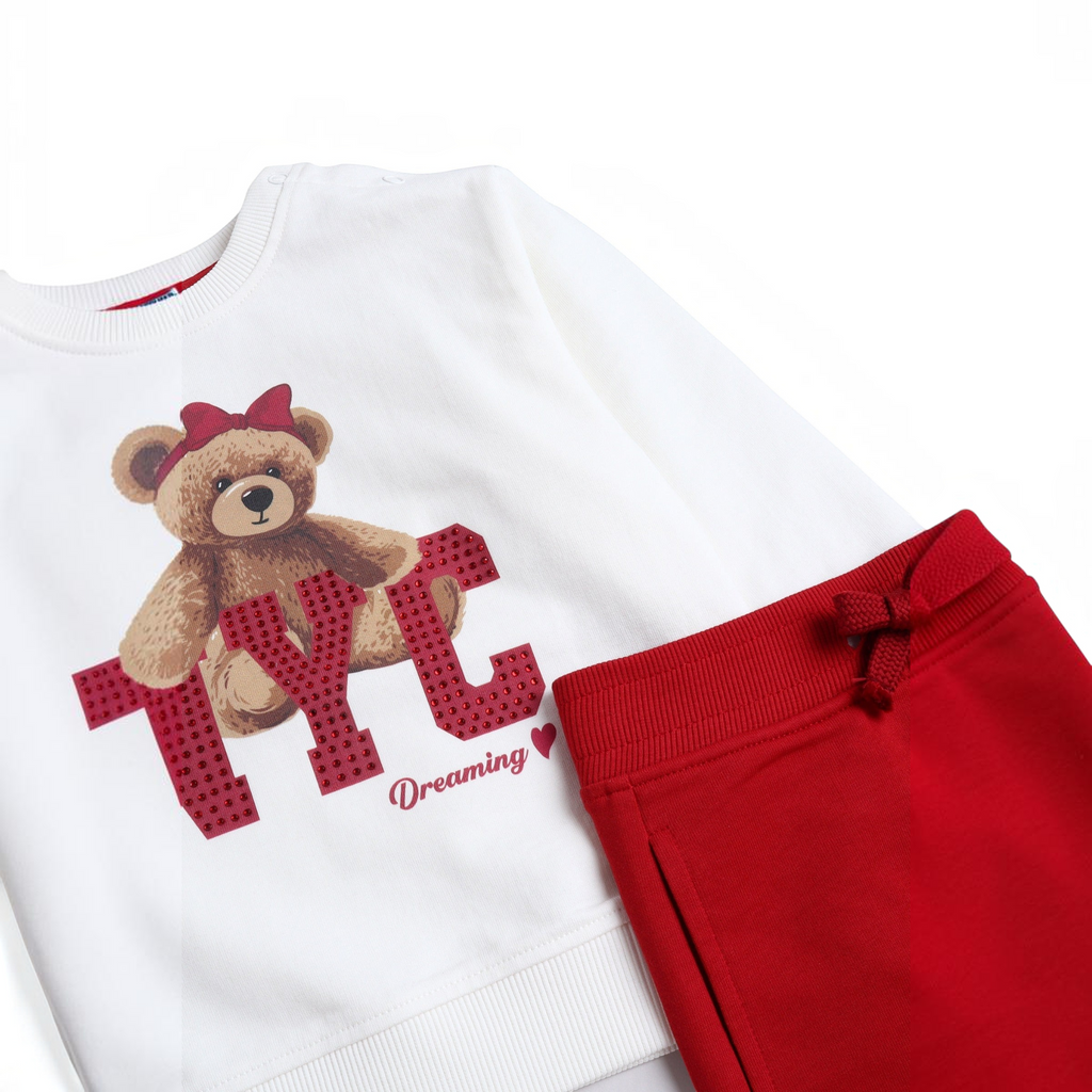 victor and jane 2-piece girls set with white sweatshirt featuring a teddy bear graphic and red sweatpants