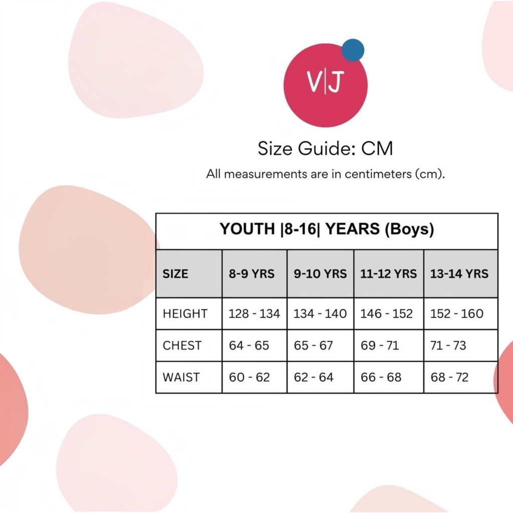 victor and jane youth boys size guide chart in centimeters for ages 8 to 14 years