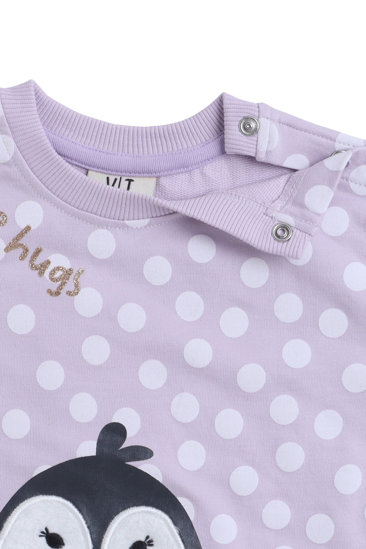 Baby Girl Penguin Appliqué Fleece Tracksuit – Lilac Polka-Dot 2-Piece Set