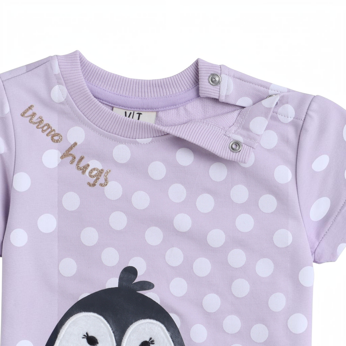victor and jane lavender polka dot baby girl top with penguin graphic and snap button shoulder detail