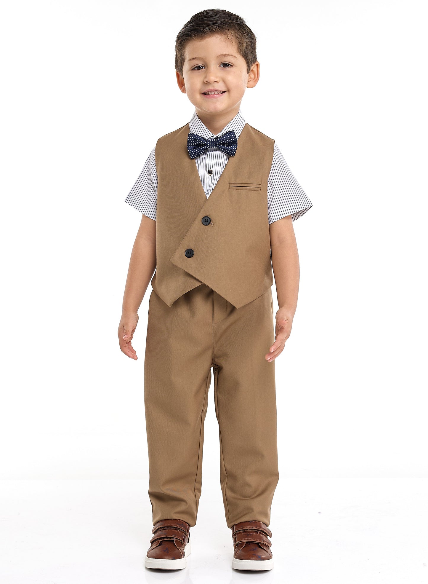 Tan Waistcoat And Pant Set With Shirt And Bow Tie