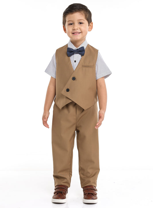 Tan Waistcoat And Pant Set With Shirt And Bow Tie