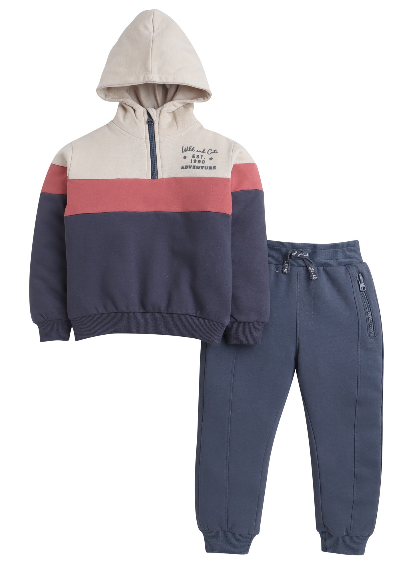 Boys Colorblock Fleece Tracksuit – Cream, Terracotta & Grey 2-Piece Set