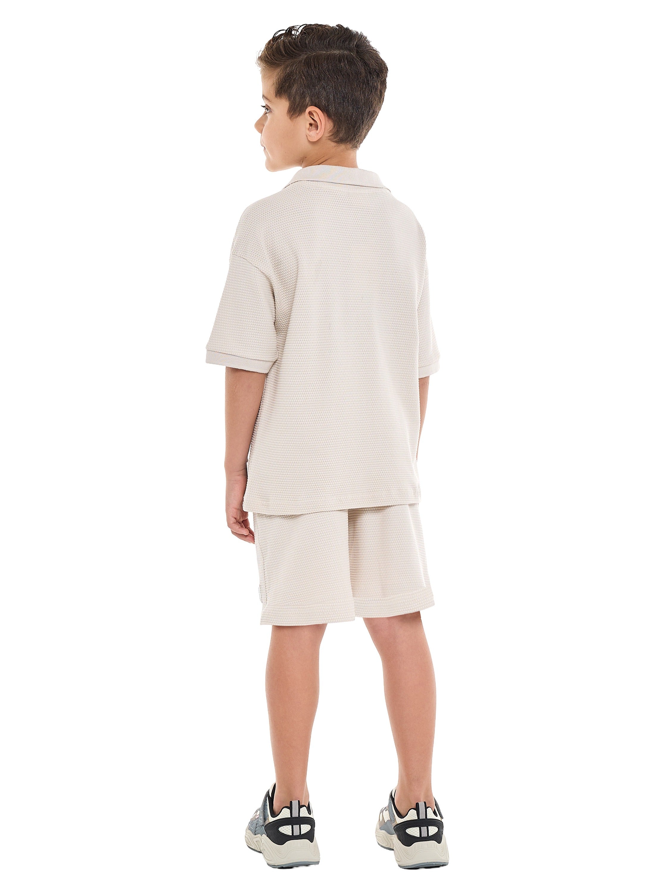 Oversized - Boys' Jacquard 2-Piece Set - Polo T-Shirt With Badge Detail And Matching Shorts With Pockets,