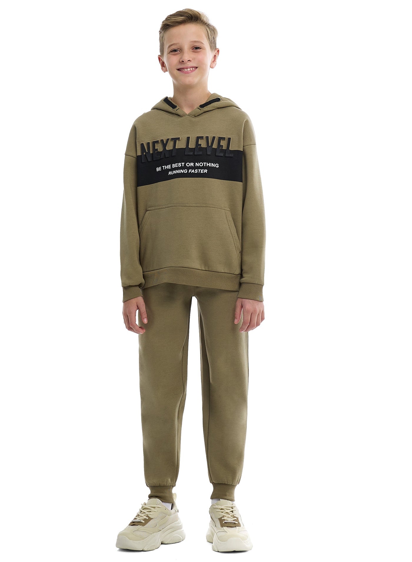 Boys Stylish Olive Green Pullover Hoodie with Kangaroo Pocket and Joggers