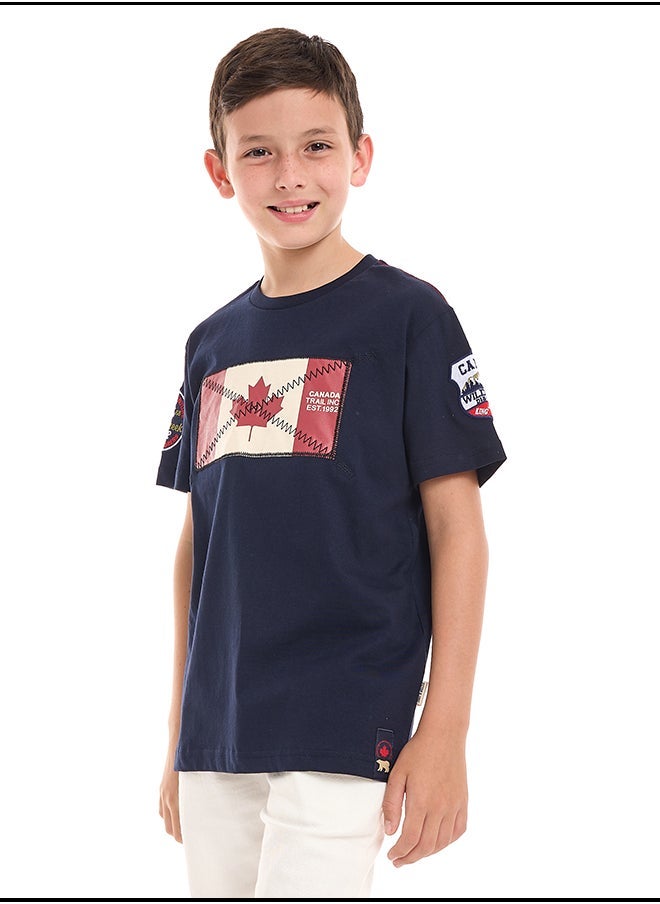 Victor and Jane Cotton Canada Flag Embroidered T-Shirt - Blue
