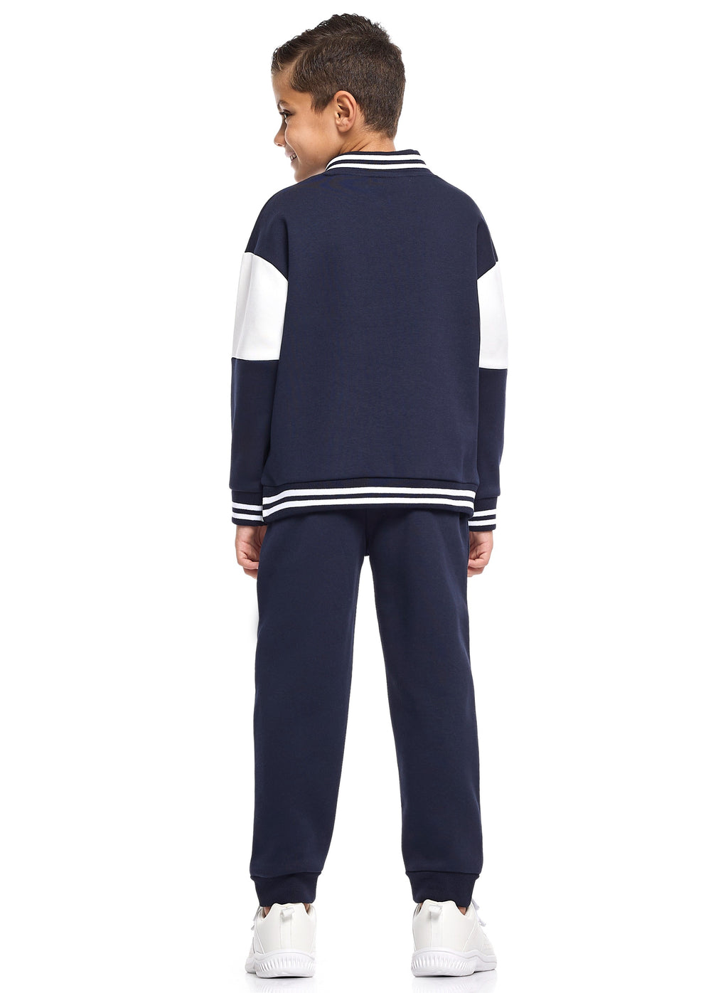 Victor And Jane Cotton Sf Patch & Printed Full Sleeves Zip Up Varsity Sweatshirt & Joggers Co-Ord Set - Navy Blue & White