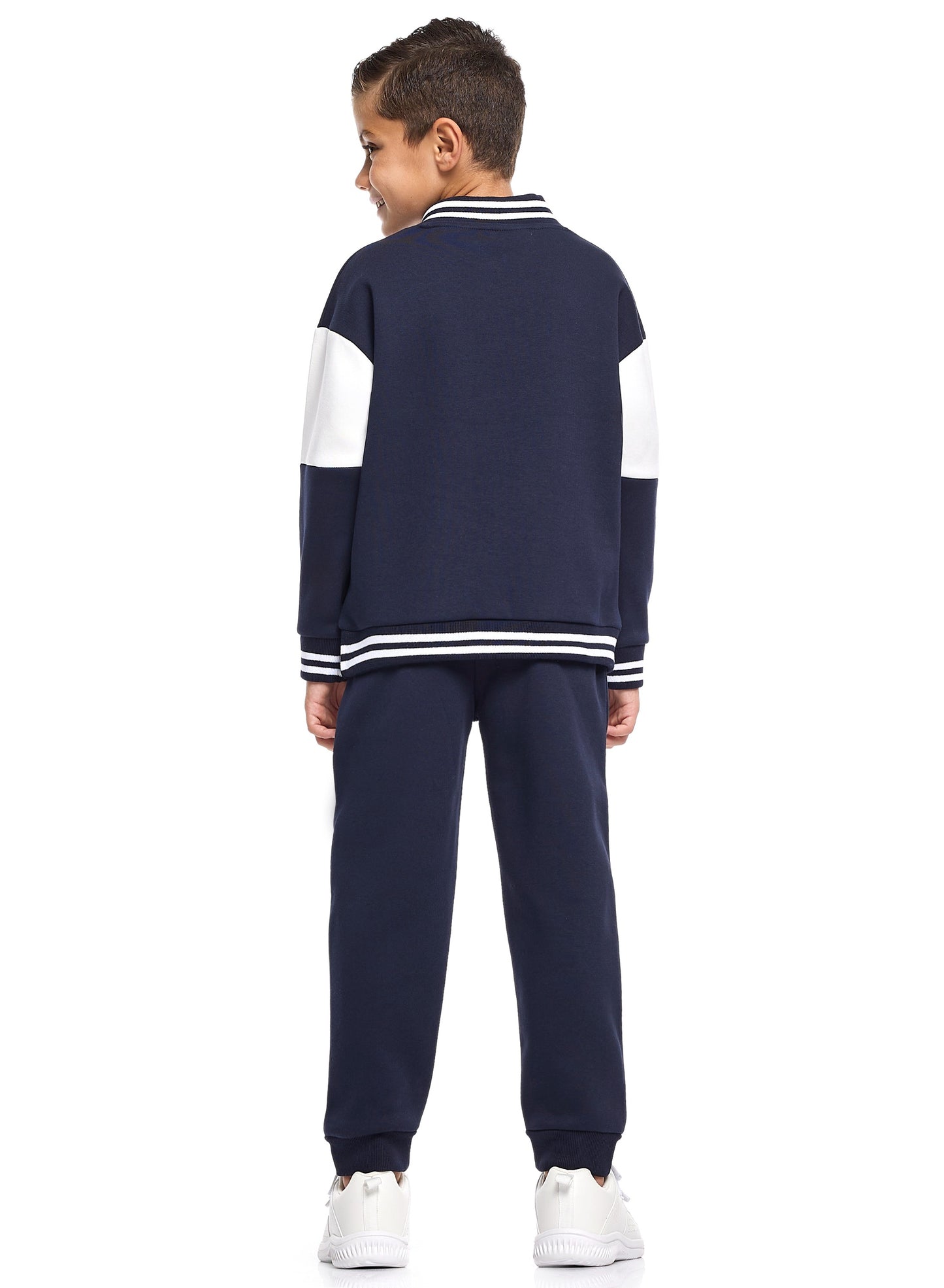 Boys Varsity Zip-Neck Fleece Tracksuit - Navy & White with SF Patch