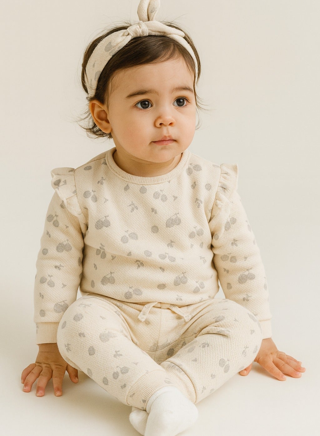 Dirkje Cotton All Over Fruits Printed Full Sleeves Sweatshirt & Joggers Co-Ords Set With Headband - Beige