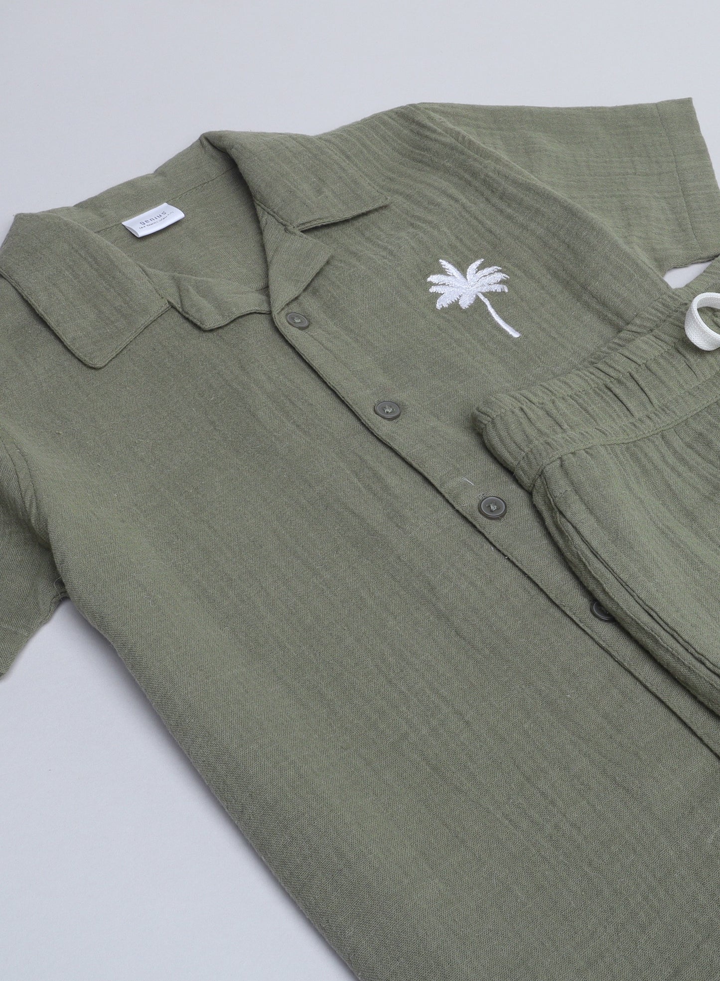 Boys' Casual Cotton Shirt & Shorts Set with pocket Embroidery Motif – Short Sleeve Outfit - Olive