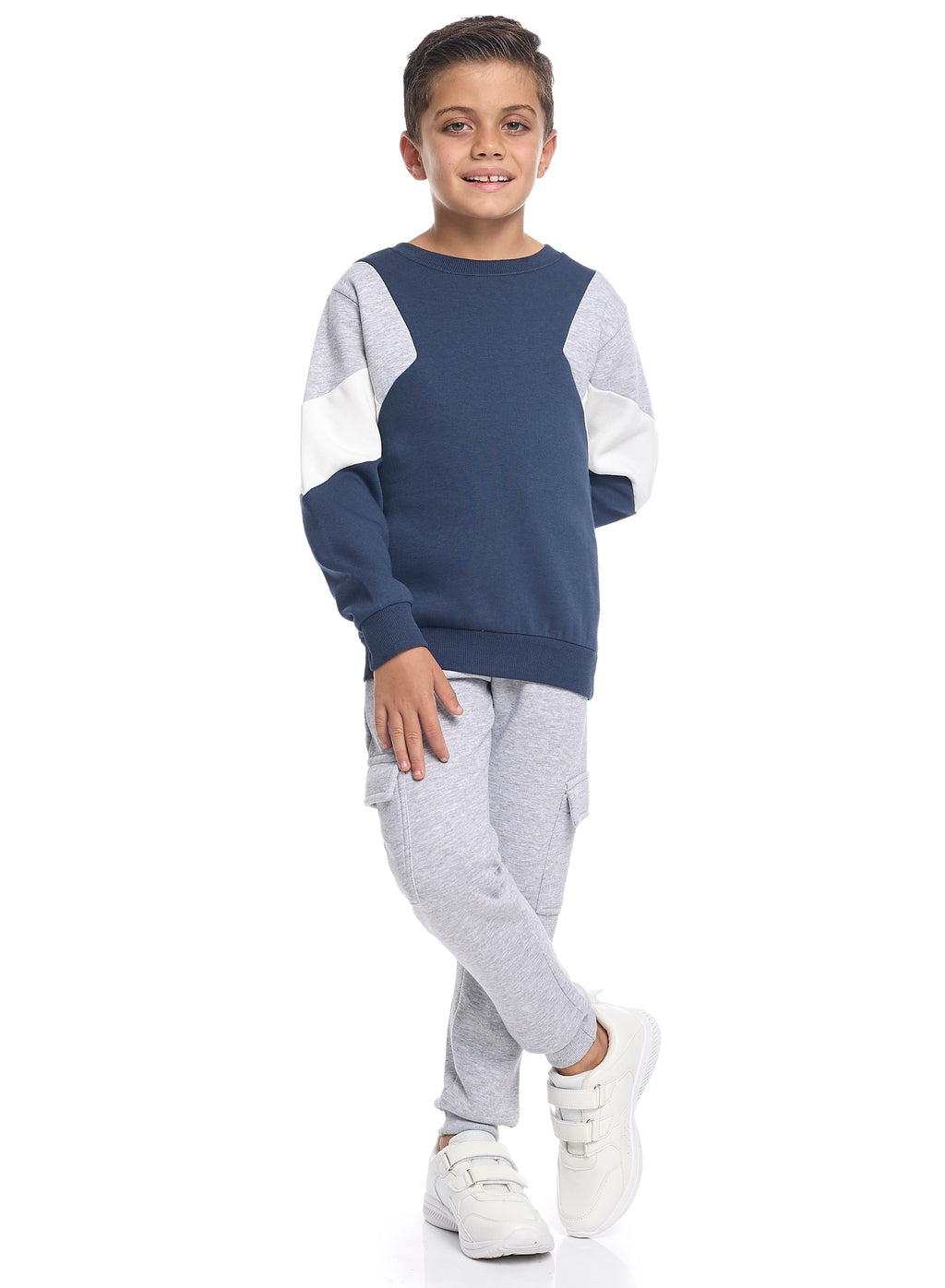 Victor And Jane Cotton Solid Full Sleeves Sweatshirt & Cargo Joggers Set - Navy Blue & Grey