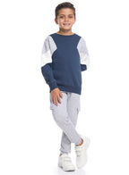 Victor And Jane Cotton Solid Full Sleeves Sweatshirt & Cargo Joggers Set - Navy Blue & Grey