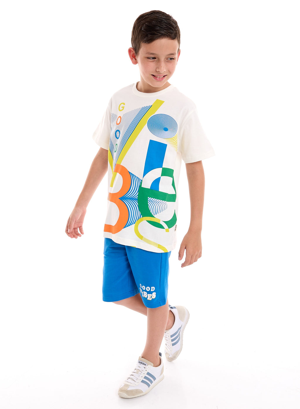Victor and Jane Cotton Graphic Short Sleeve T-Shirt & Shorts Set - Blue & White