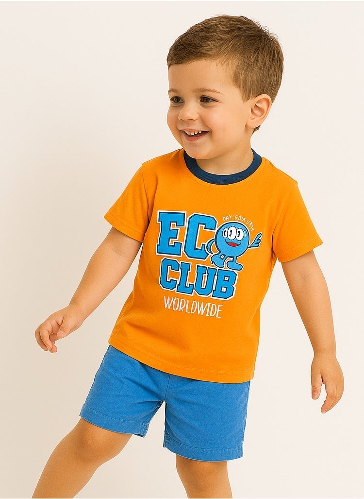 Victor and Jane Classic Blues and Orange Cotton T-Shirt & Pull-On Shorts Set
