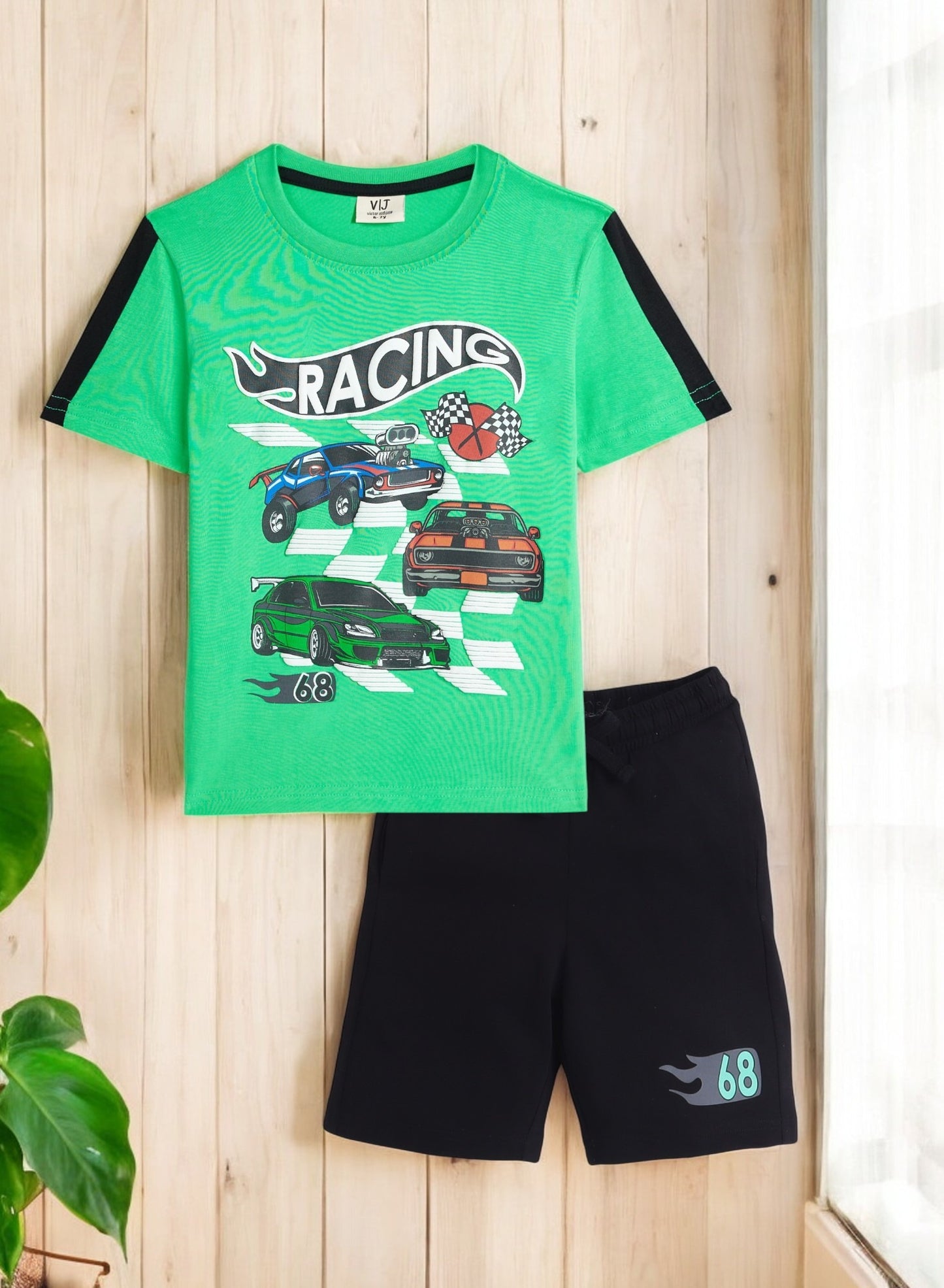 Boys' 2PC Set – "Full Speed Ahead!" Racing Cars Printed, 100% Cotton