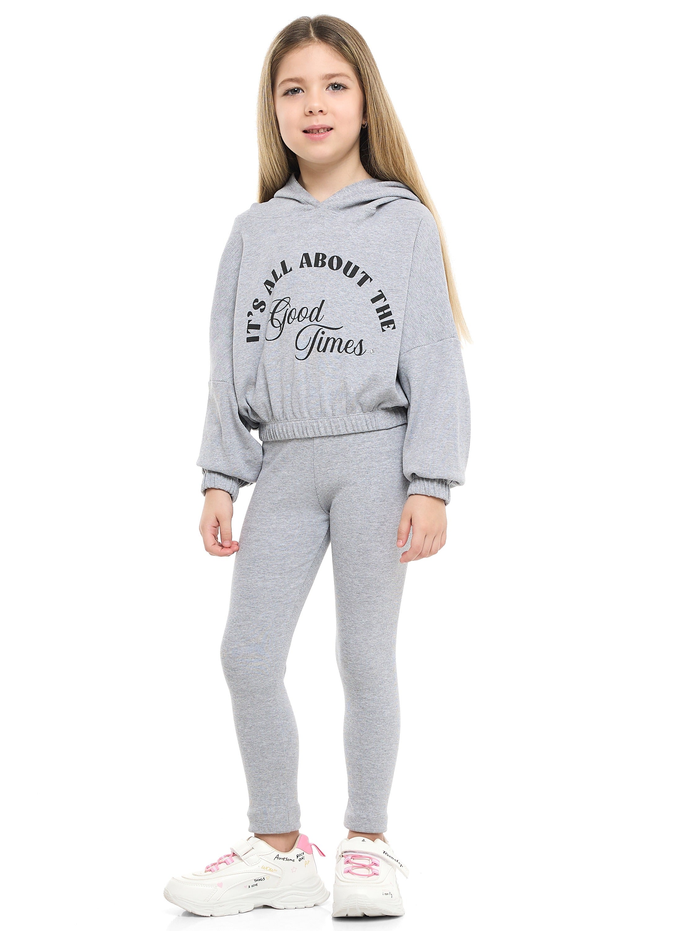 Girls Good Vibes Fleece Tracksuit “ Light Grey 2-Piece Set