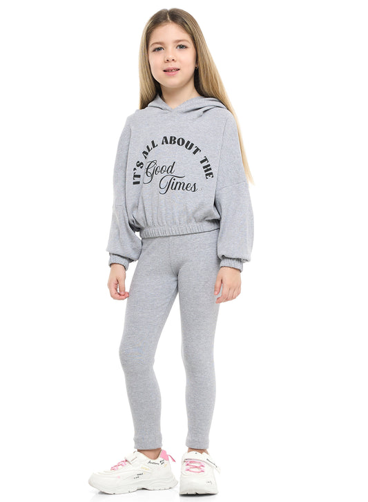 Girls Good Vibes Fleece Tracksuit – Light Grey 2-Piece Set