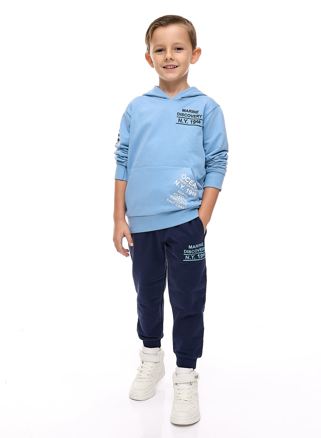 Boys' 2-Piece Hoodie And  Jogger Set  (2 -8 Yrs) Lt Blue-Navy