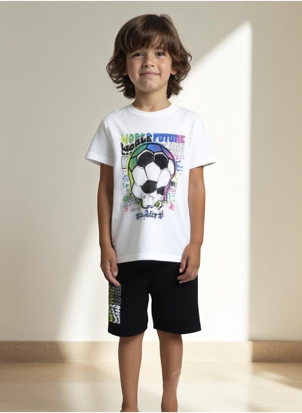 Victor and Jane JR Boys' 2PC Set, "Game On" Football Theme, 100% Cotton Summer Wear for Active Junior Boys, Off White Colour 2-3YRS