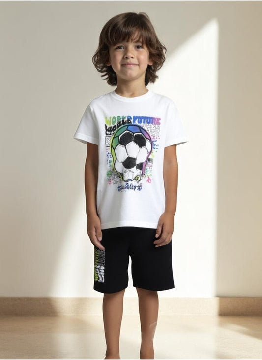Victor and Jane JR Boys' 2PC Set, "Game On" Football Theme, 100% Cotton Summer Wear for Active Junior Boys, Off White Colour 2-3YRS