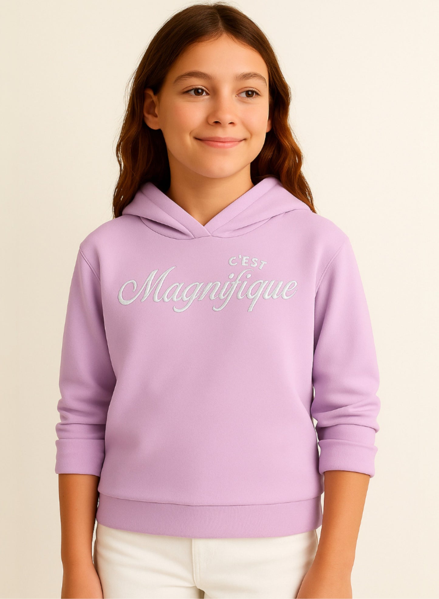 “C'est Magnifique” Graphic Hoodie for Girls – Blush Pink | 100% Cotton Fleece |