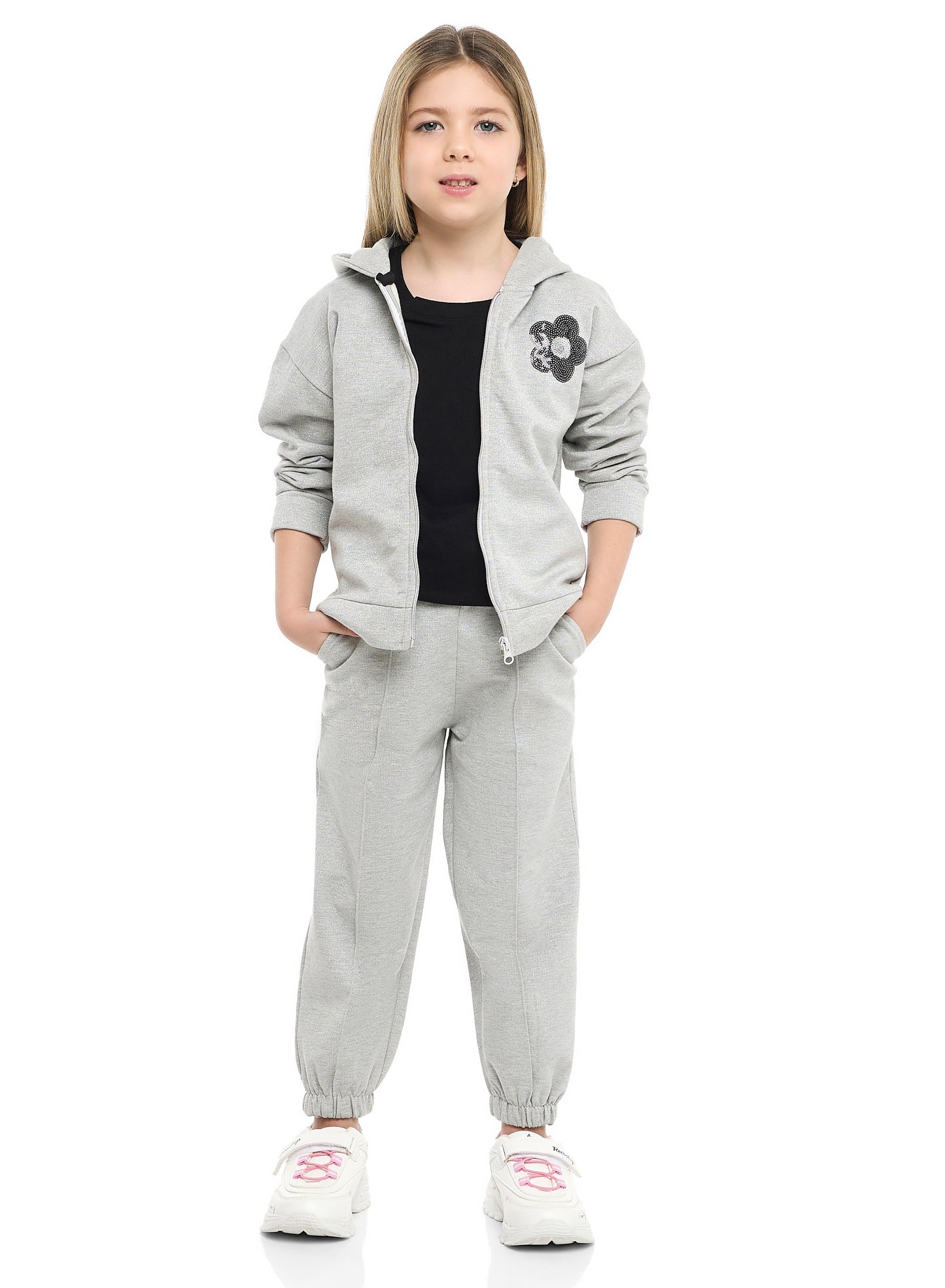 Girls Très Chic Reversible Sequin Fleece Set – Light Grey 2-Piece Outfit