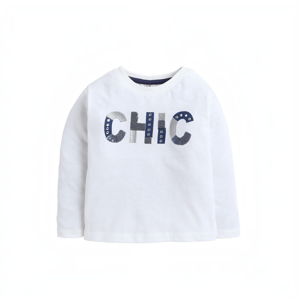victor and jane white long sleeve t-shirt with CHIC graphic print featuring navy and silver glitter embellishments