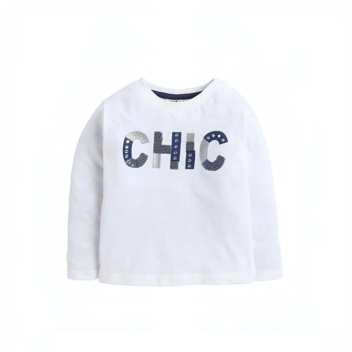 victor and jane white long sleeve t-shirt with CHIC graphic print featuring navy and silver glitter embellishments