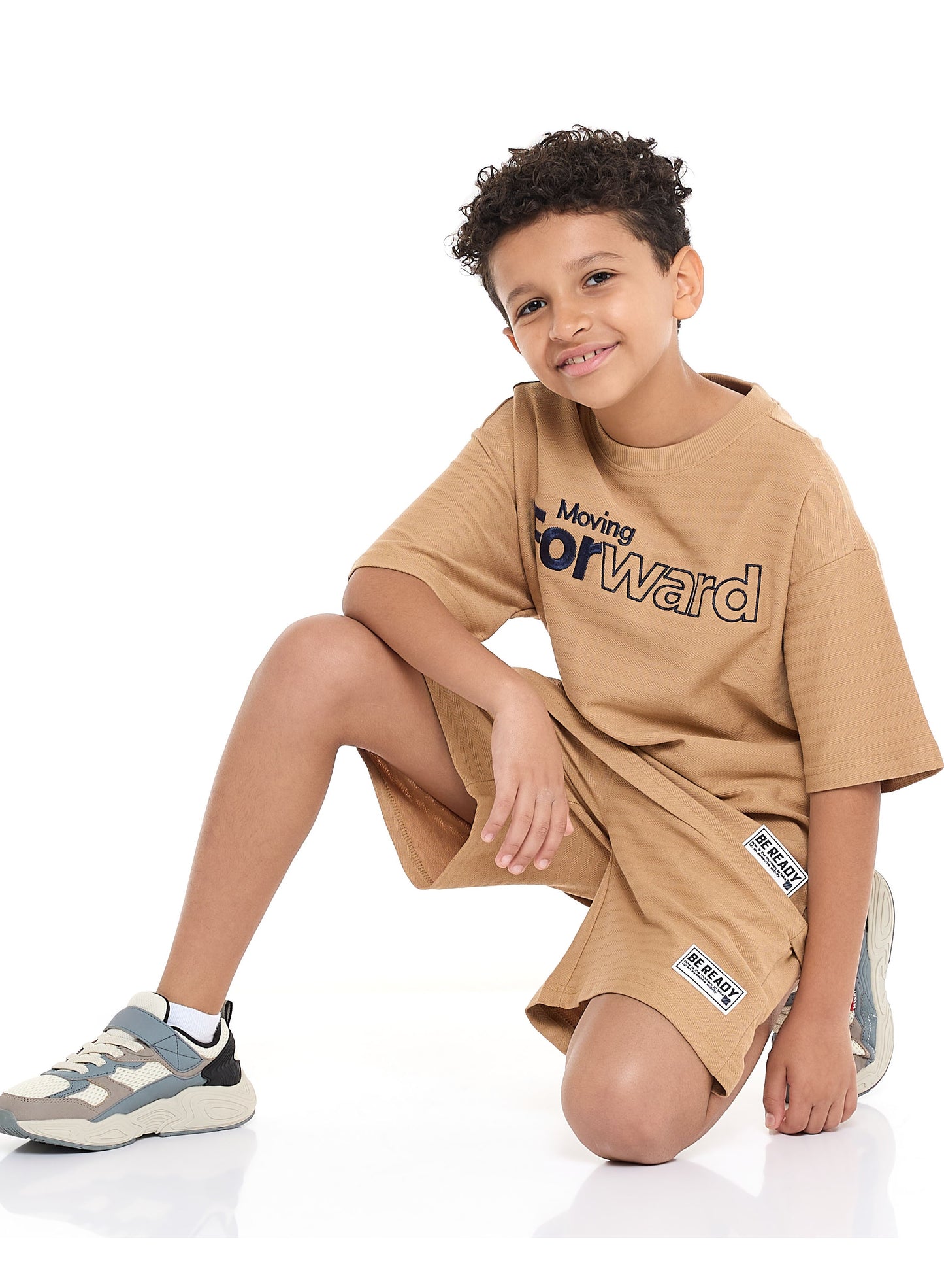Victor and Jane Sr Boys' Jacquard Set – Sand Colour Striped Design with Textured Material, Ready-to-Move Coordinated Match Sets, 9-10 YRS
