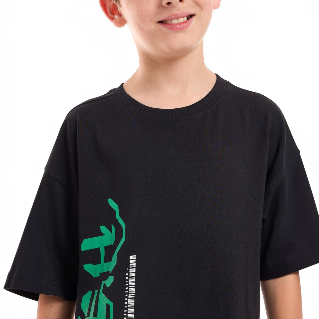 victor and jane black graphic t-shirt with green text and barcode detail worn by a child