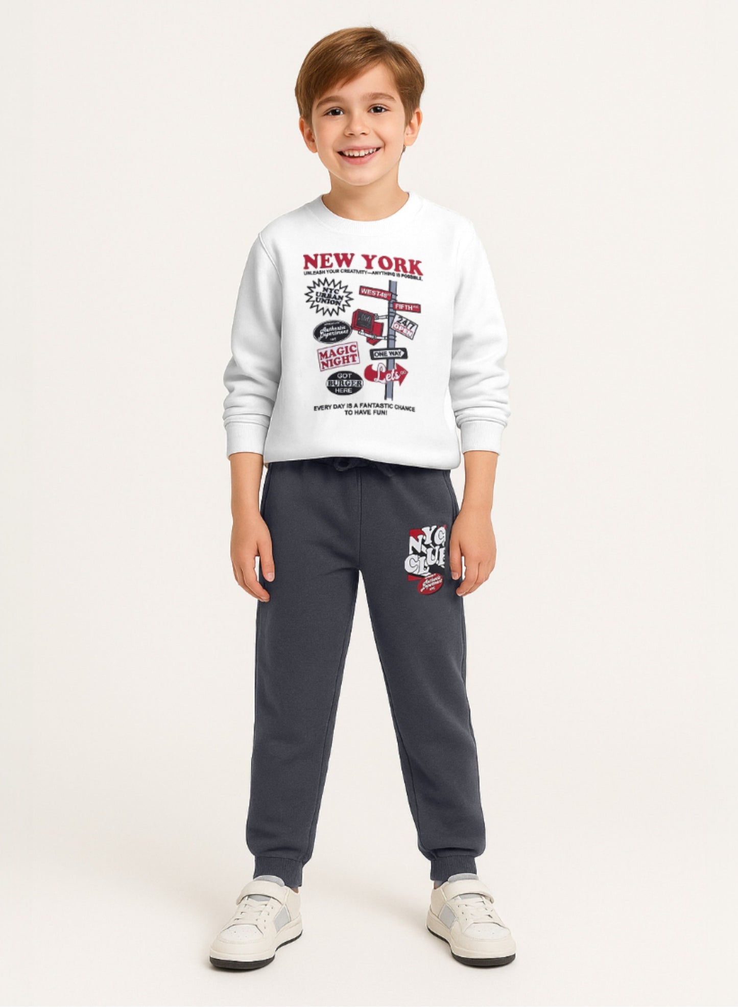 Boys’ Cozy Fleece Tracksuit – Off White Sweatshirt & Grey Joggers