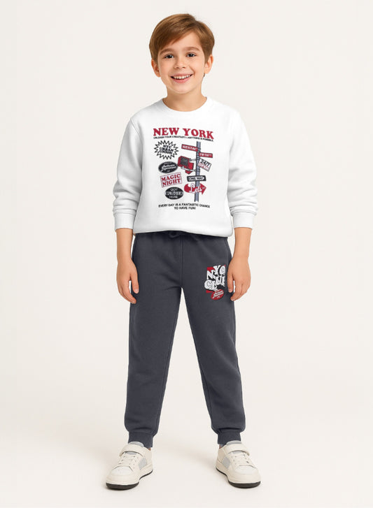 Boys’ Cozy Fleece Tracksuit – Off White Sweatshirt & Grey Joggers