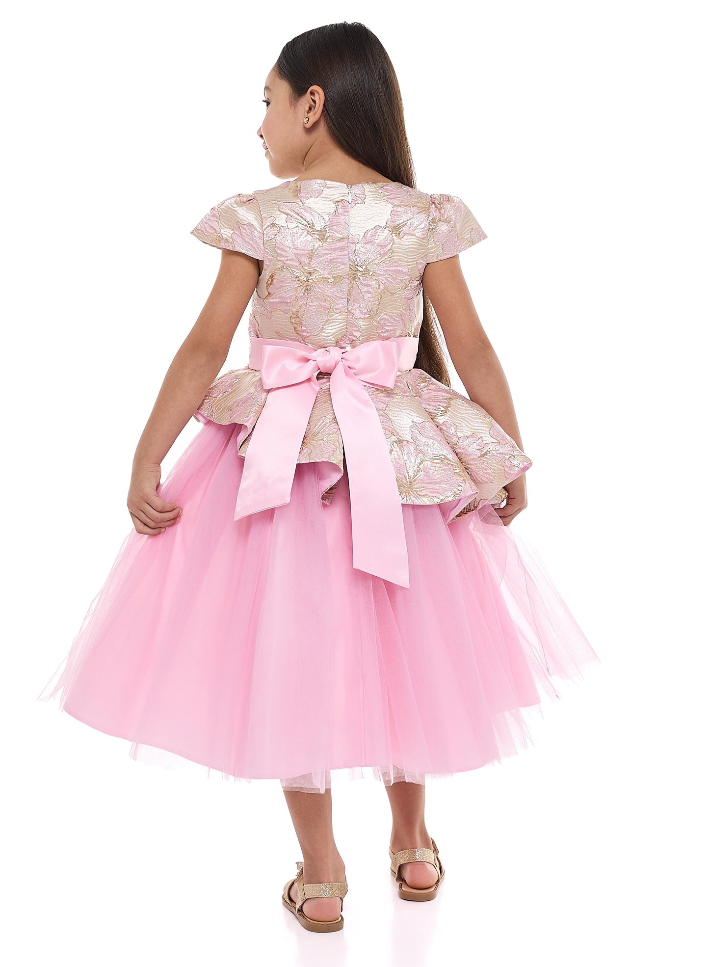 Girls Elegant Pink/Gold Jacquard & Tulle Party Dress