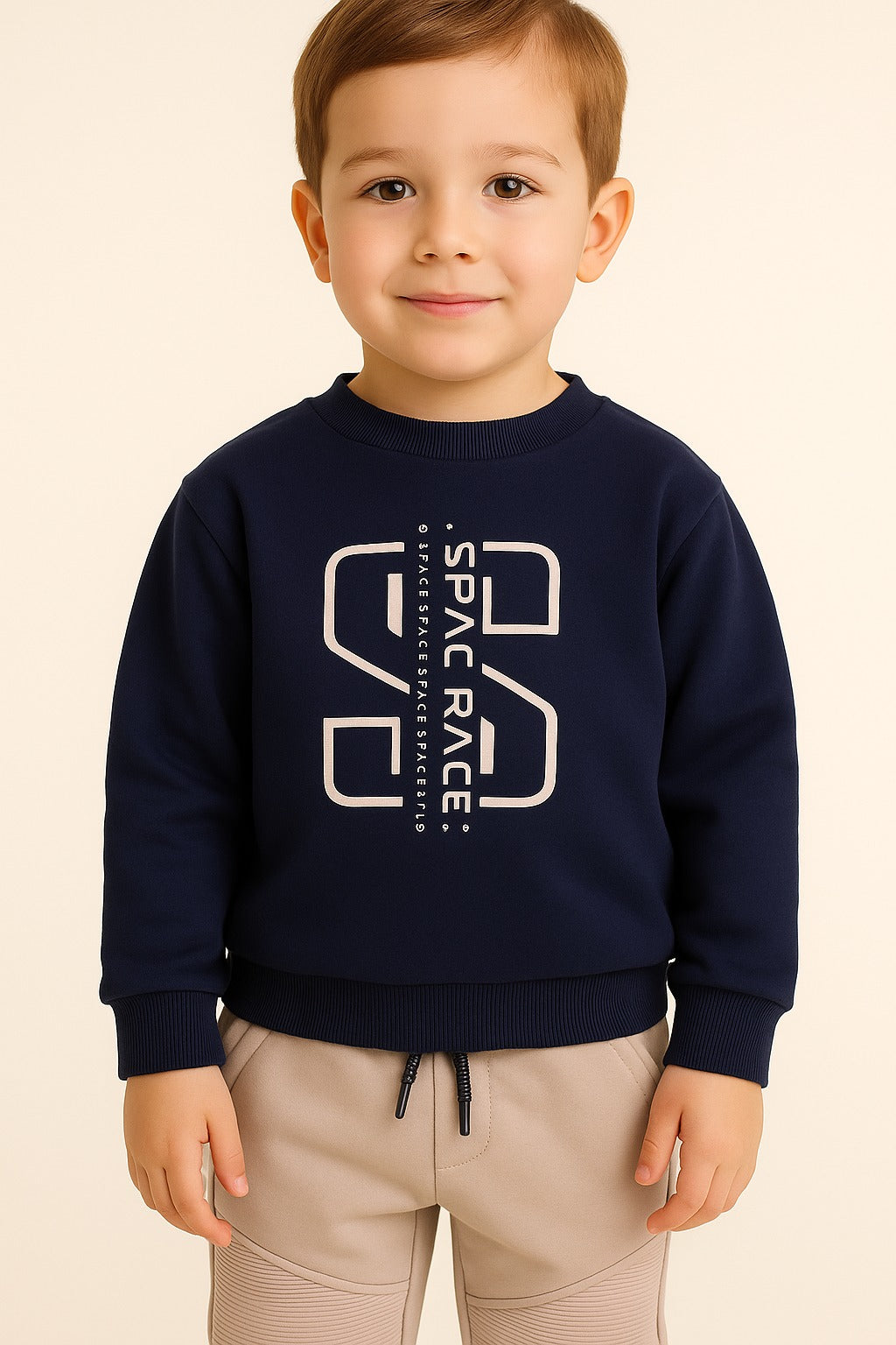 Boys Space Race Fleece Tracksuit – Navy & Sand 2-Piece Set