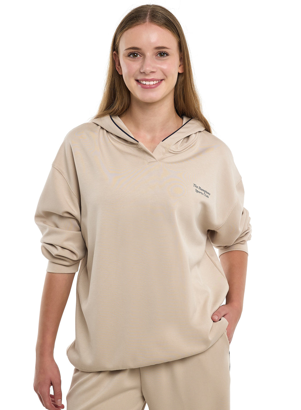Ladies 2 Piece Set - Snap-Hem Wide-Leg Trousers & Hoodie Set - Oatmeal