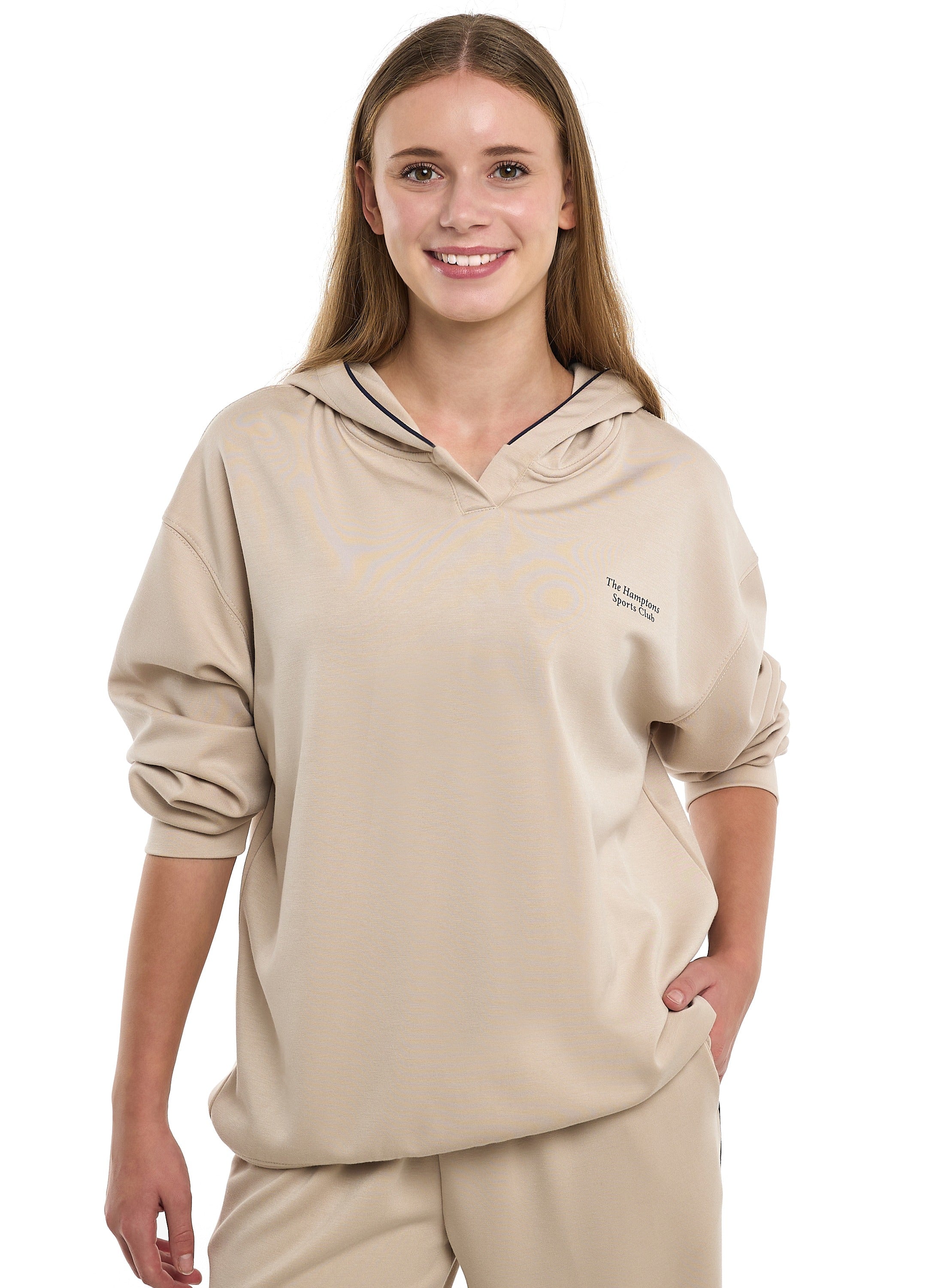 Ladies 2 Piece Set - Snap-Hem Wide-Leg Trousers & Hoodie Set - Oatmeal