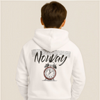 victor and jane boys white hooded sweatshirt featuring a back graphic of a vintage alarm clock and Norway text