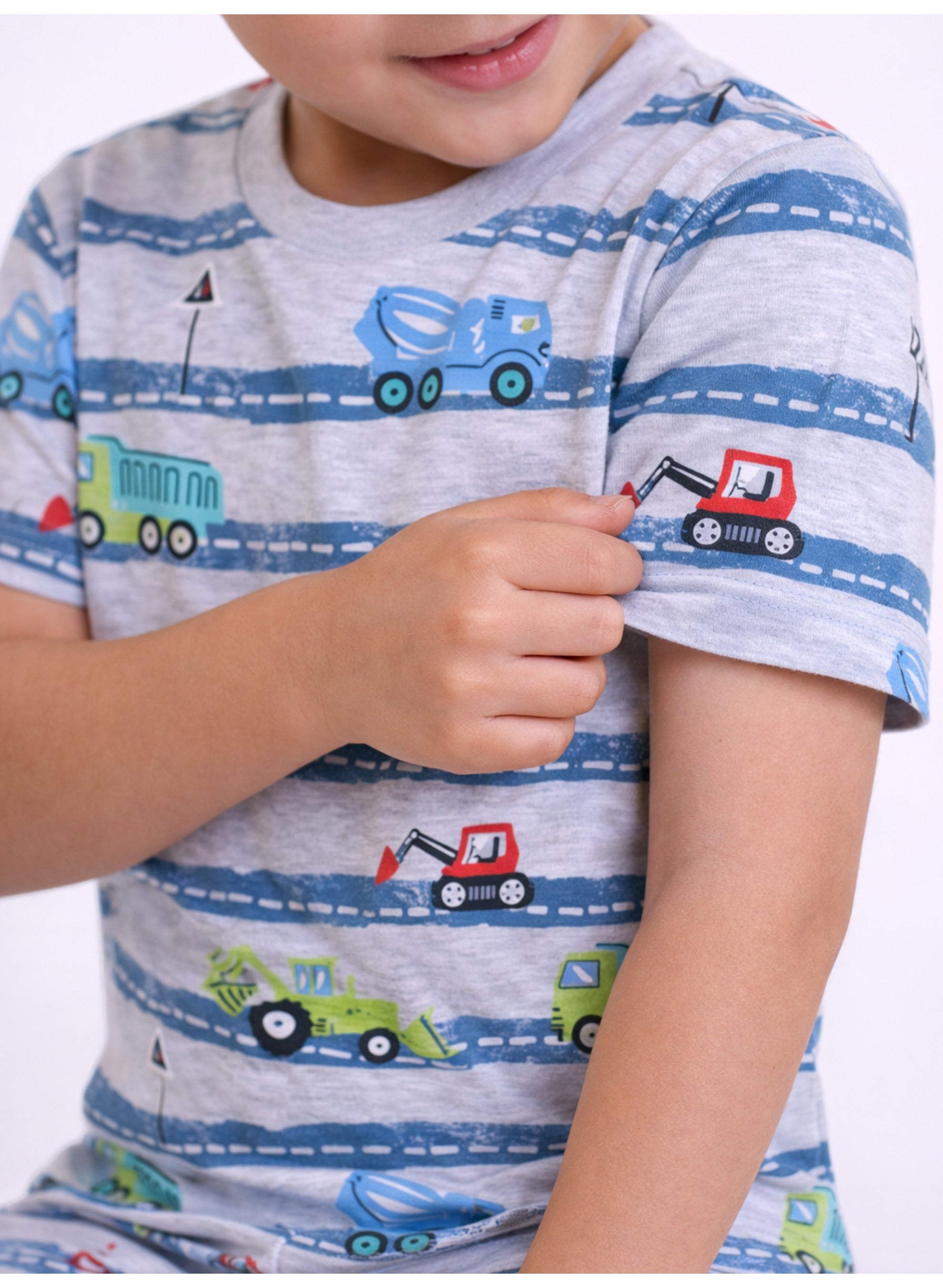 Boys Vehicle Stripe Print Cotton Pajama Set “ T-Shirt & Shorts Nightwear