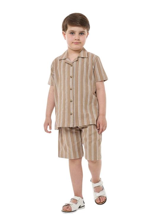Boys' Casual Cotton Shirt & Shorts Set – Short Sleeve Outfit - Beige