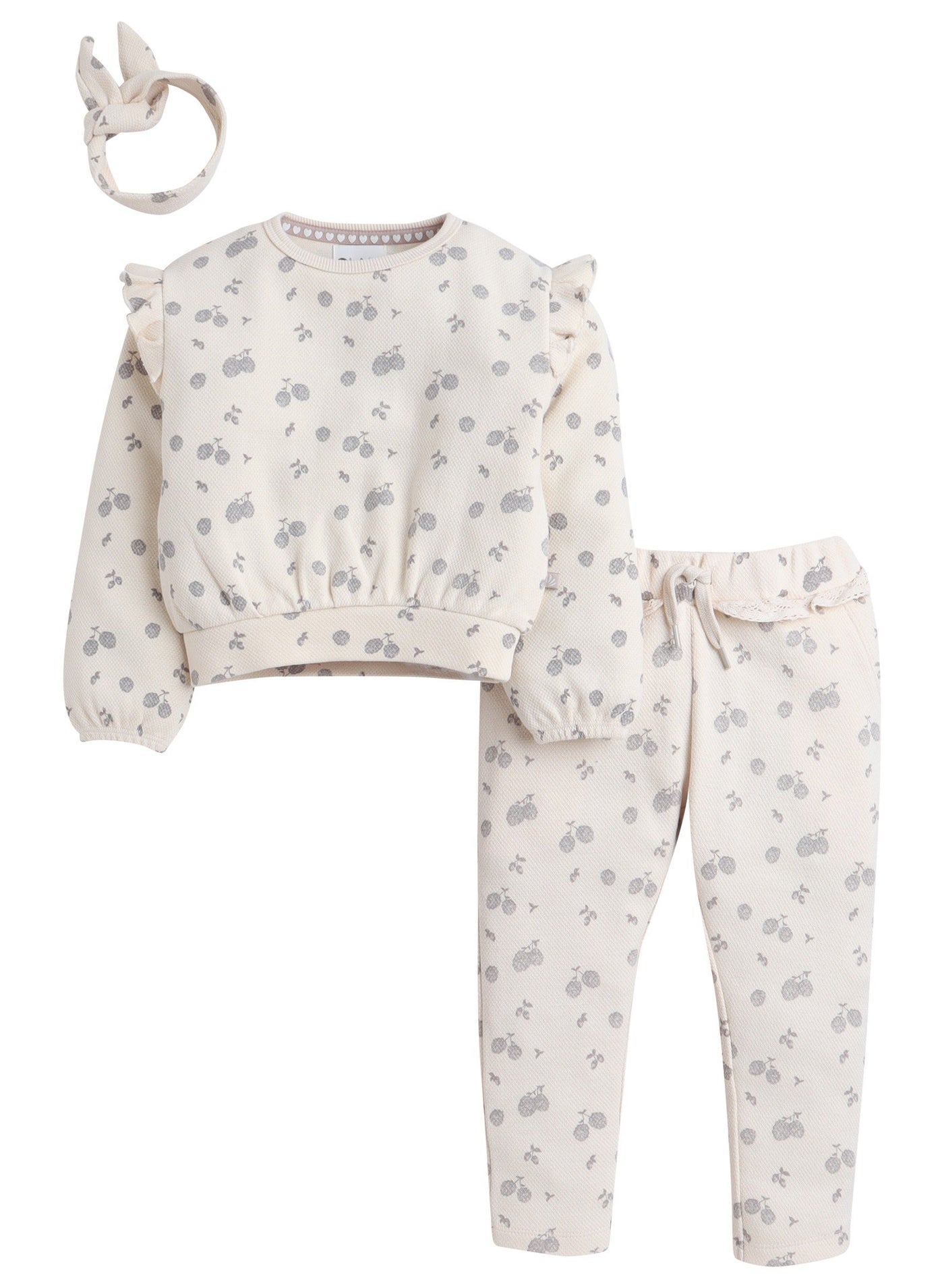 Dirkje Cotton All Over Fruits Printed Full Sleeves Sweatshirt & Joggers Co-Ords Set With Headband - Beige