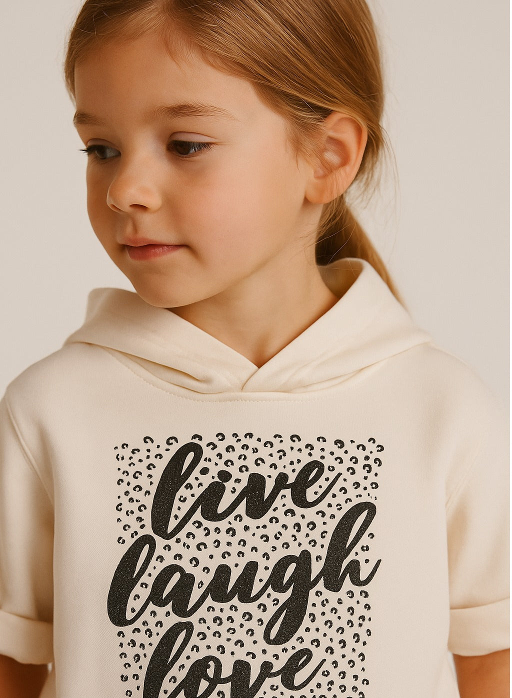 Girls Œlive Laugh Love” Glitter Fleece Hoodie “ Cream