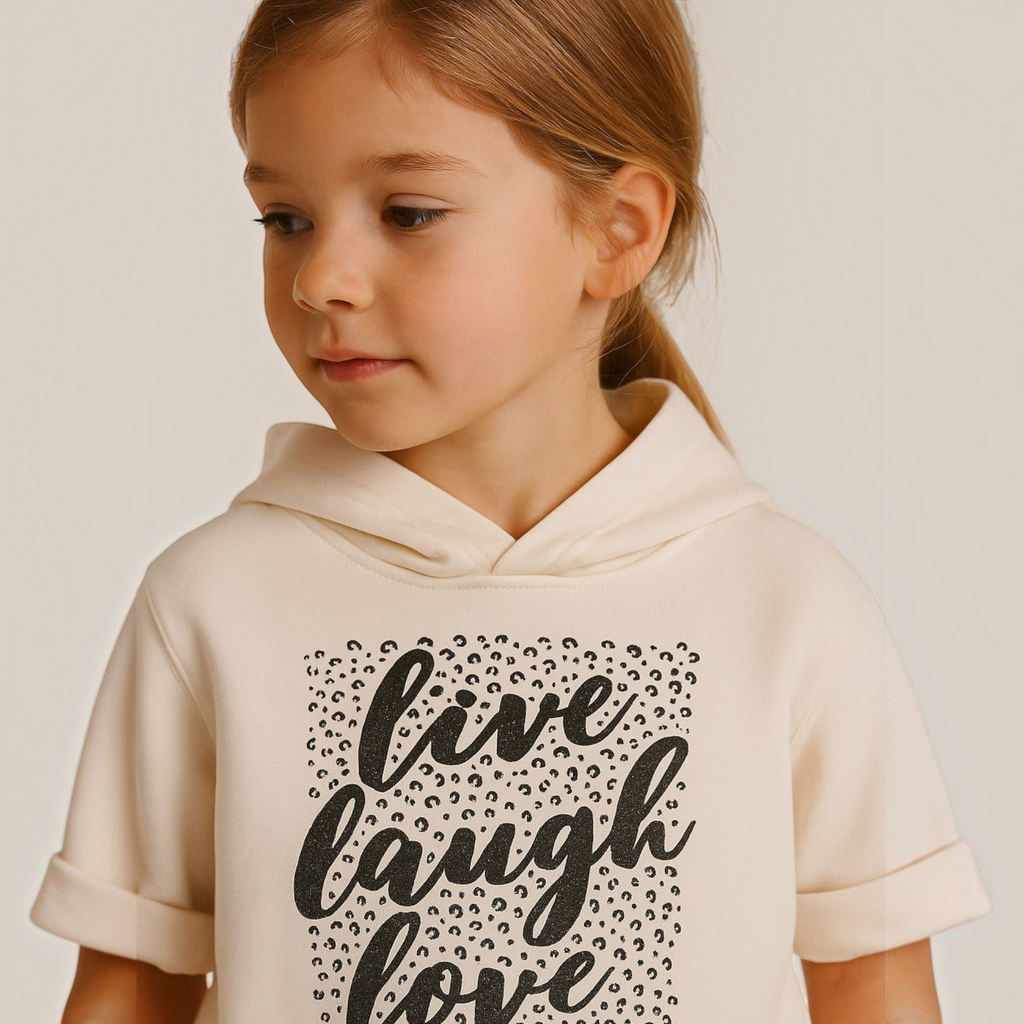 Young girl wearing a victor and jane cream short-sleeved hoodie with a black leopard print live laugh love graphic