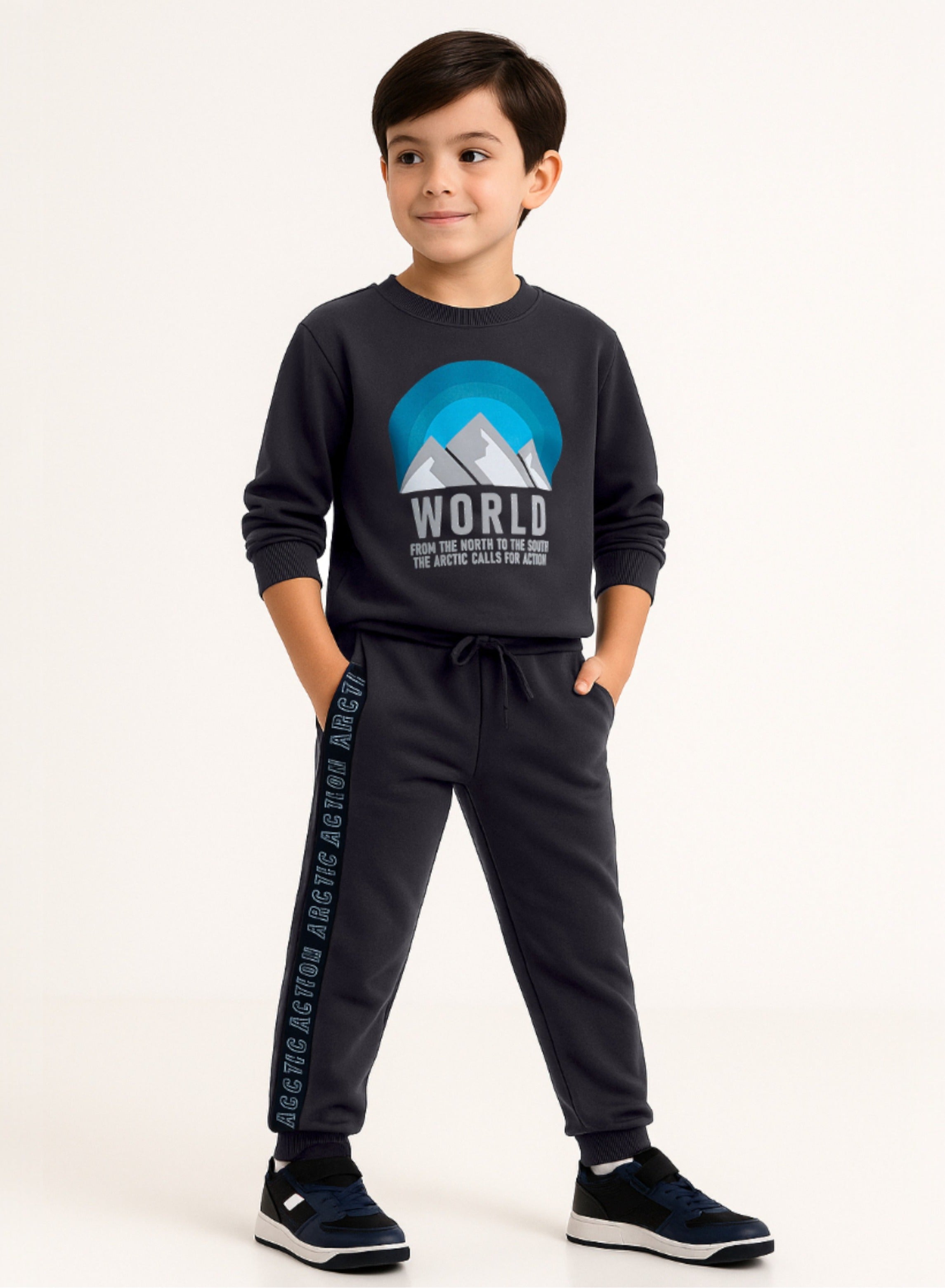 Victor And Jane Cotton World Adventure Graphic Full Sleeves Sweatshirt & Joggers Set - Charcoal Grey